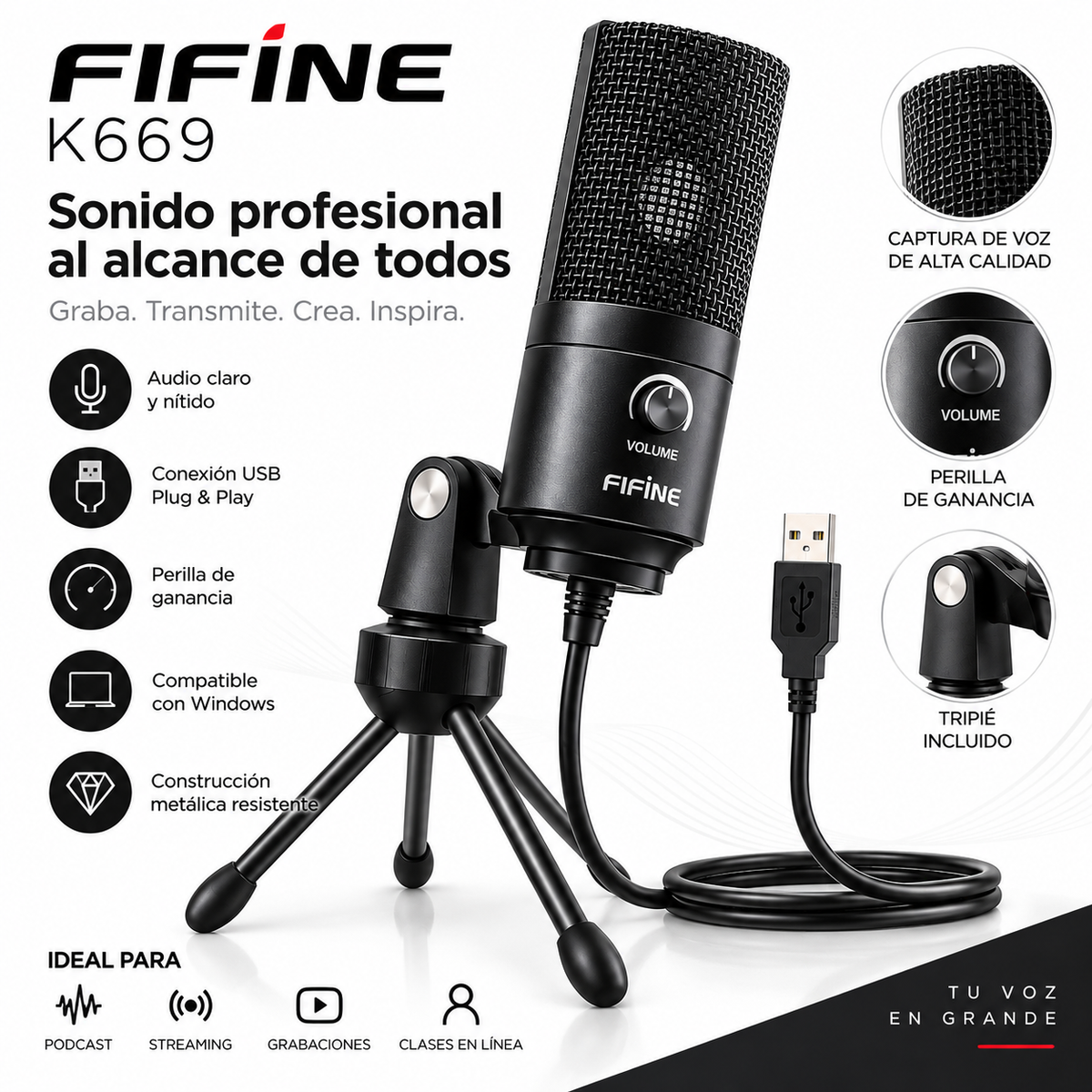 FIFINE K669 Micrófono de Condensador USB para PC, Podcast, Streaming y Grabación - Latyce