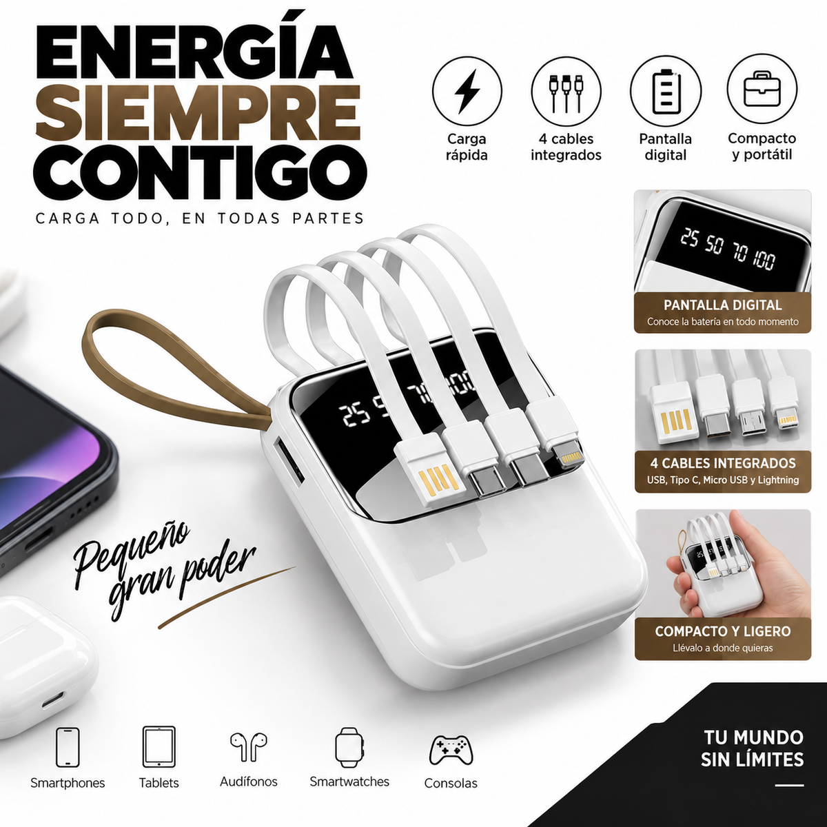 Bateria Power Bank Yisen 20,000 mah con 4 Puertos de Carga Rápida - Latyce