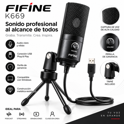 FIFINE K669 Micrófono de Condensador USB para PC, Podcast, Streaming y Grabación - Latyce
