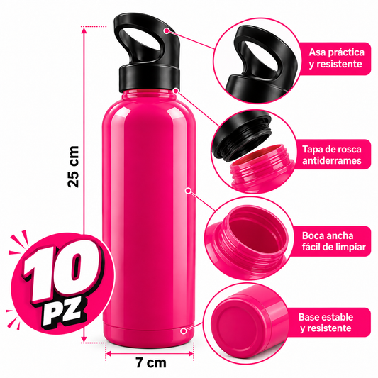 Pack 10 Botellas Deportivas Rosas 25 cm | Botella de Plástico con Tapa de Rosca y Asa - Latyce