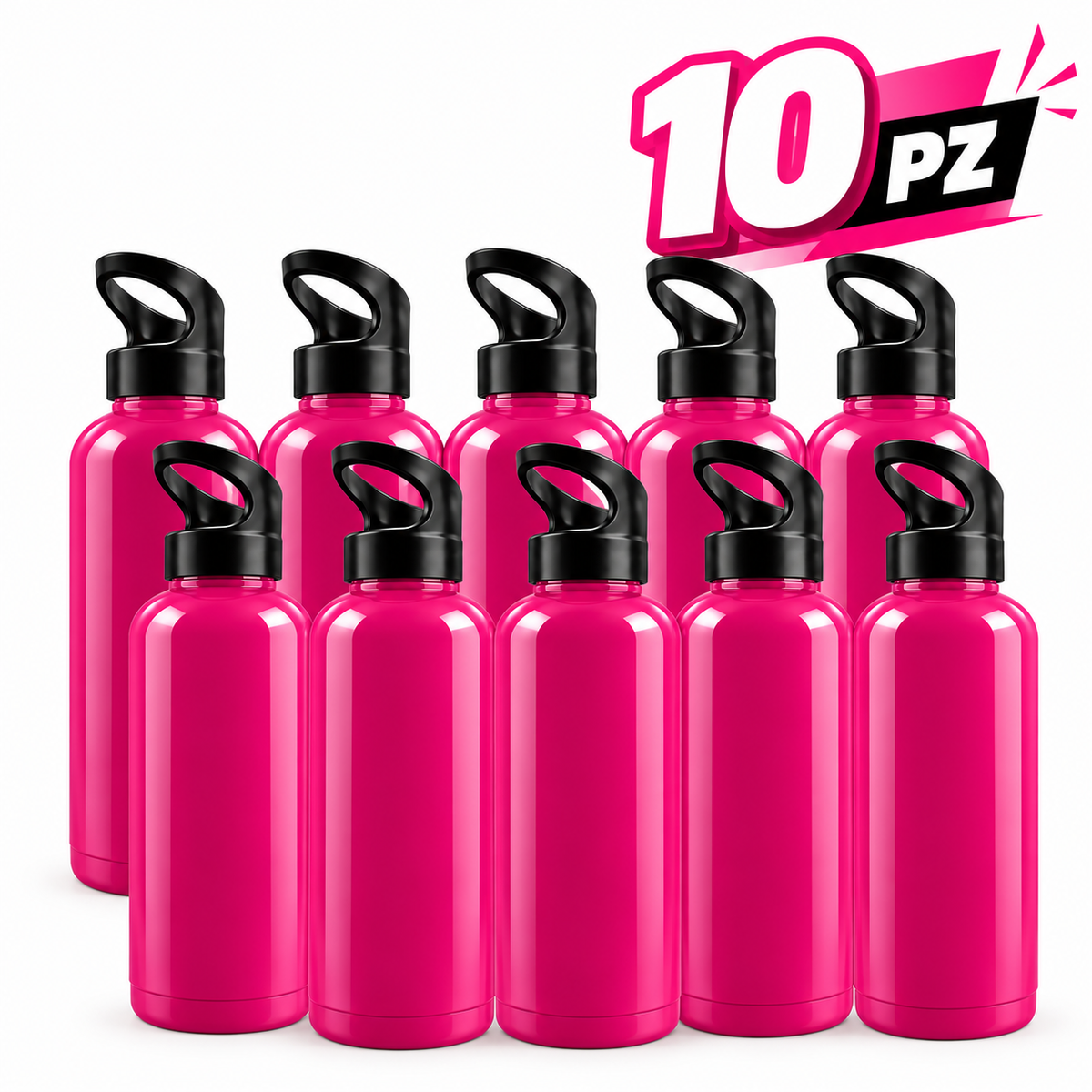 Pack 10 Botellas Deportivas Rosas 25 cm | Botella de Plástico con Tapa de Rosca y Asa - Latyce