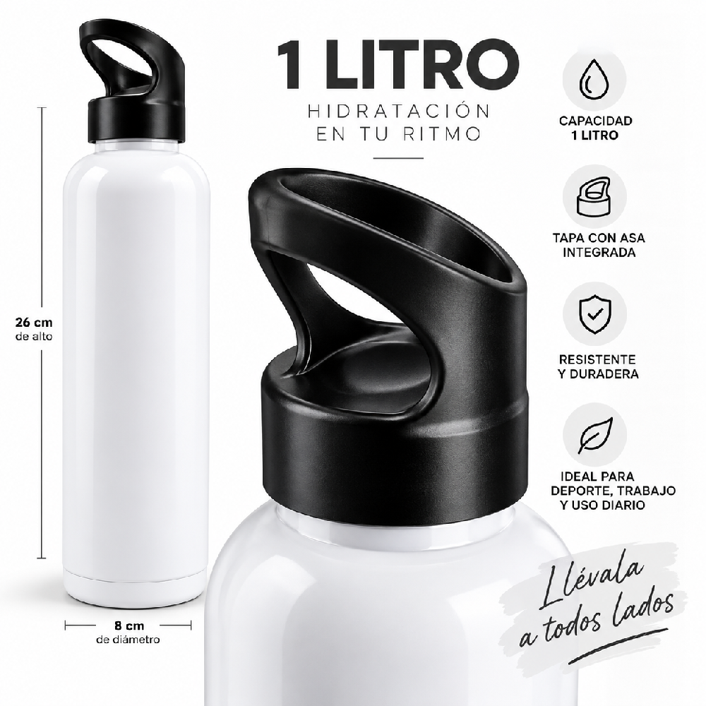Botella Deportiva de 1 Litro con Tapa y Asa – Blanca | LATYCE