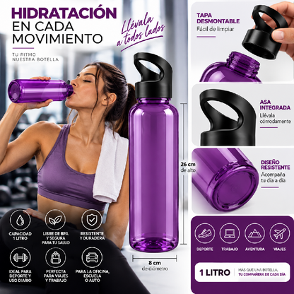 Botella Deportiva Morada de 1 Litro con Tapa Desmontable y Asa | LATYCE