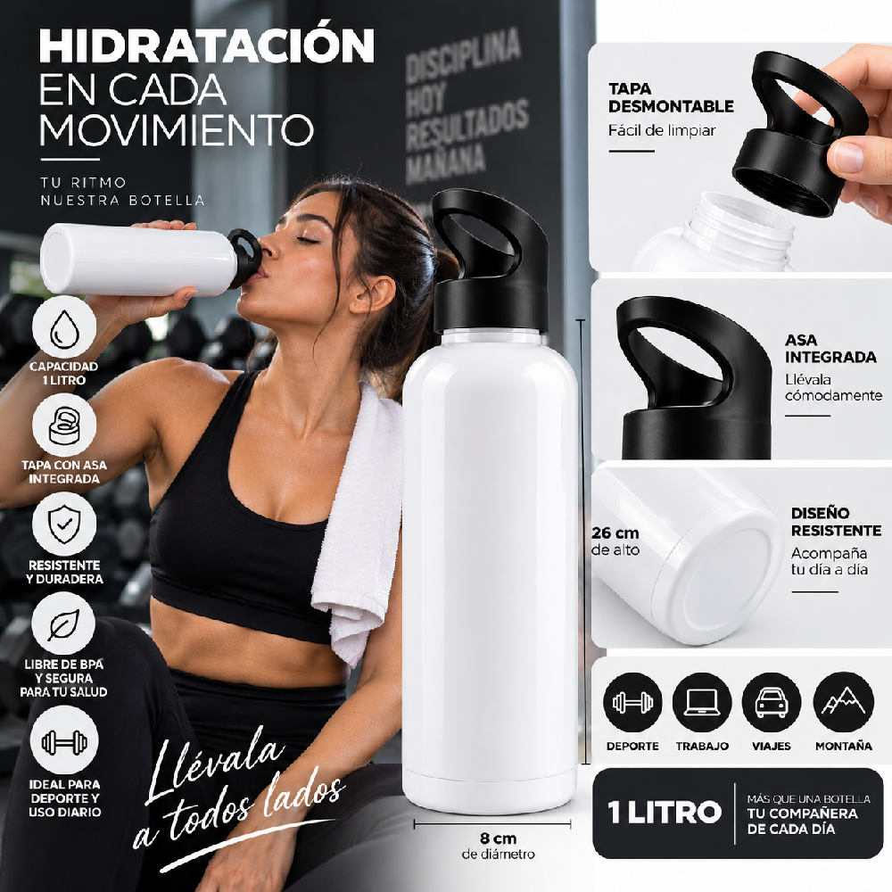 Botella Deportiva de 1 Litro con Tapa y Asa – Blanca | LATYCE