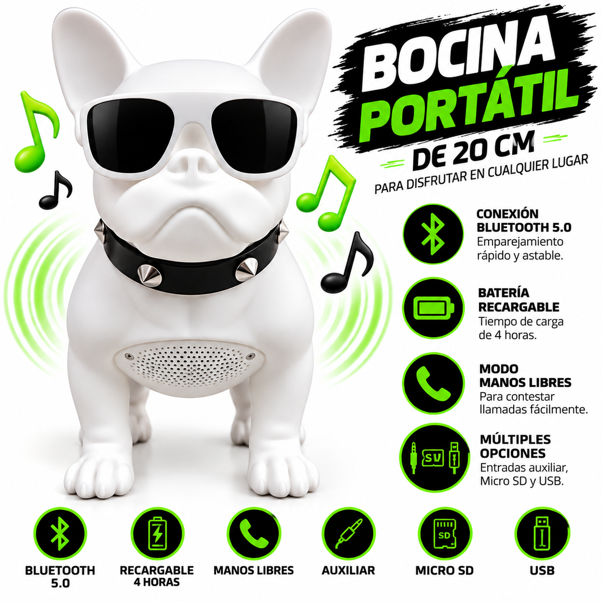 Bocina Portatil Recargable con Diseño Bulldog - Latyce