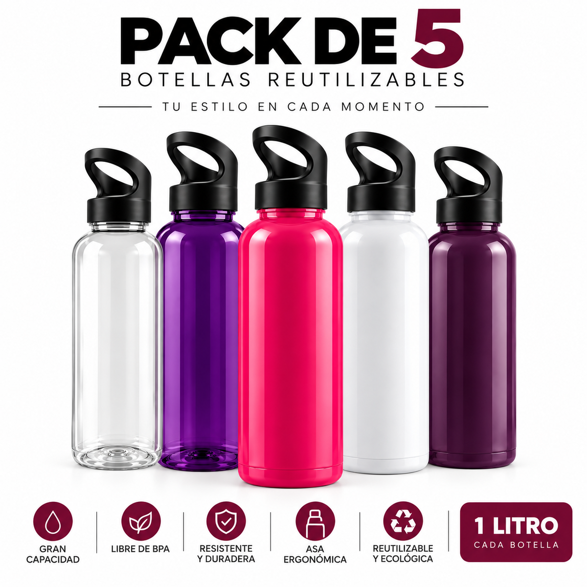 Pack 5 Botellas Deportivas de 1 Litro con Tapa y Asa – Colores Surtidos