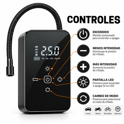 Compresor de Aire Portátil Recargable con Pantalla Digital LED para Llantas de Auto, Moto y Bicicleta
