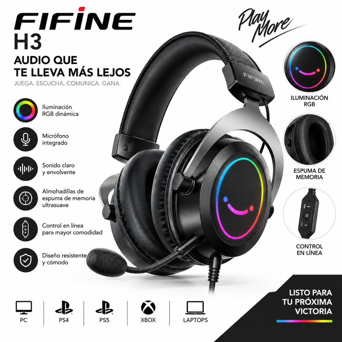 Audifonos Fifine Gaming RGB con Micrófono, Sonido Envolvente - Latyce