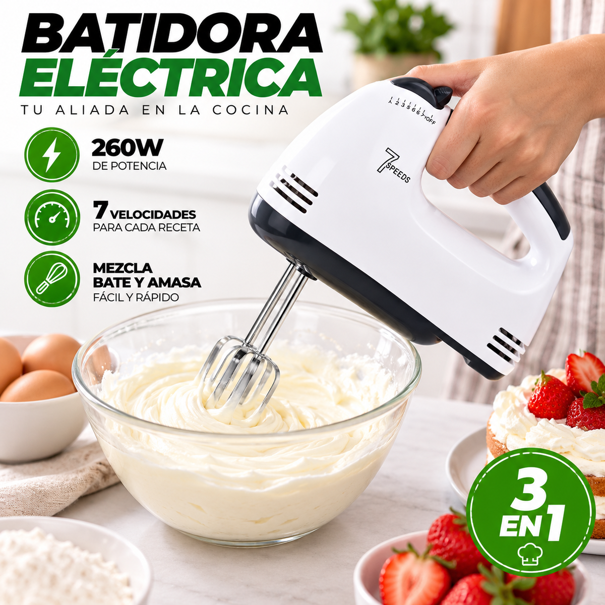 Batidora Eléctrica 7 Velocidades 260W 3 en 1 para Cocina - Latyce