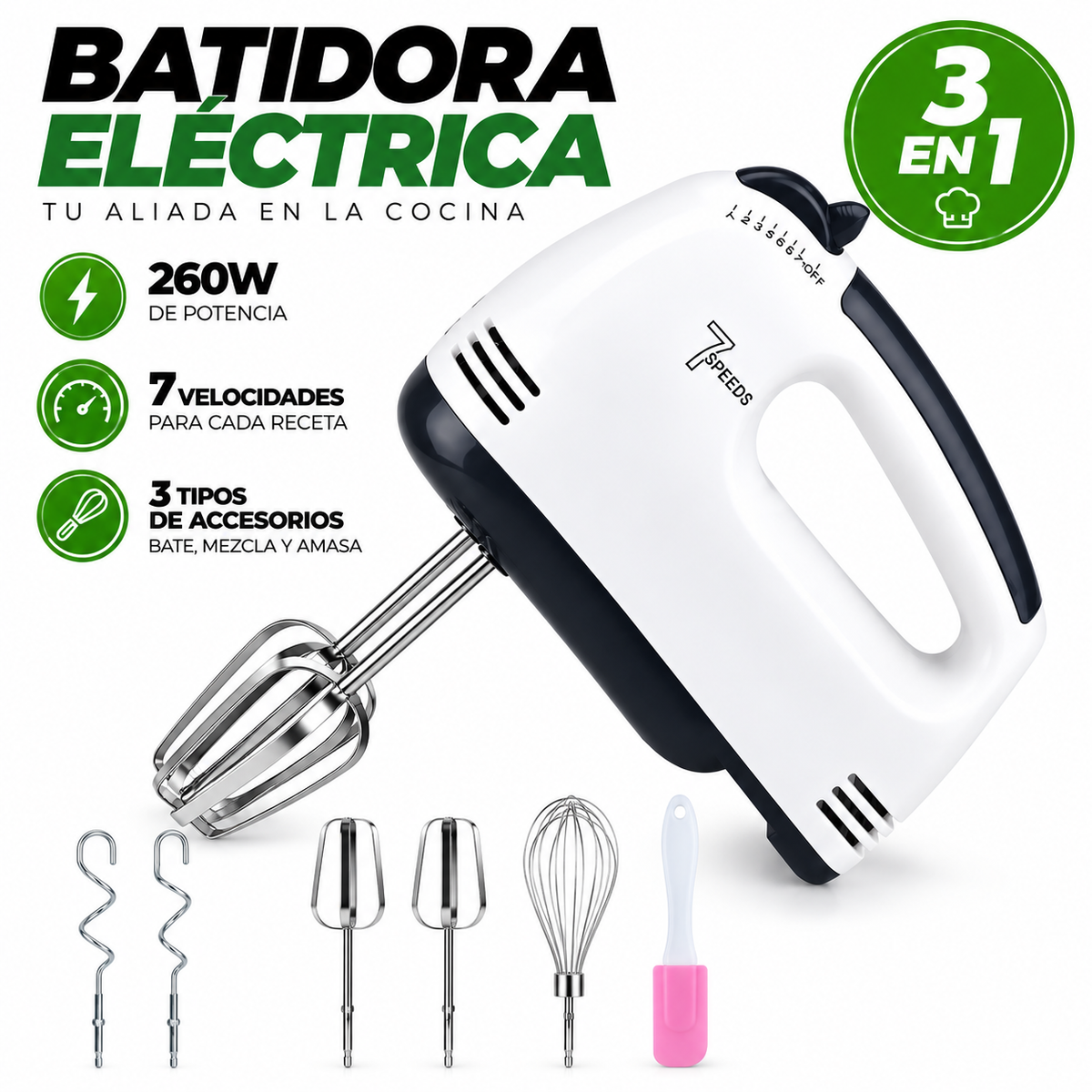 Batidora Eléctrica 7 Velocidades 260W 3 en 1 para Cocina - Latyce