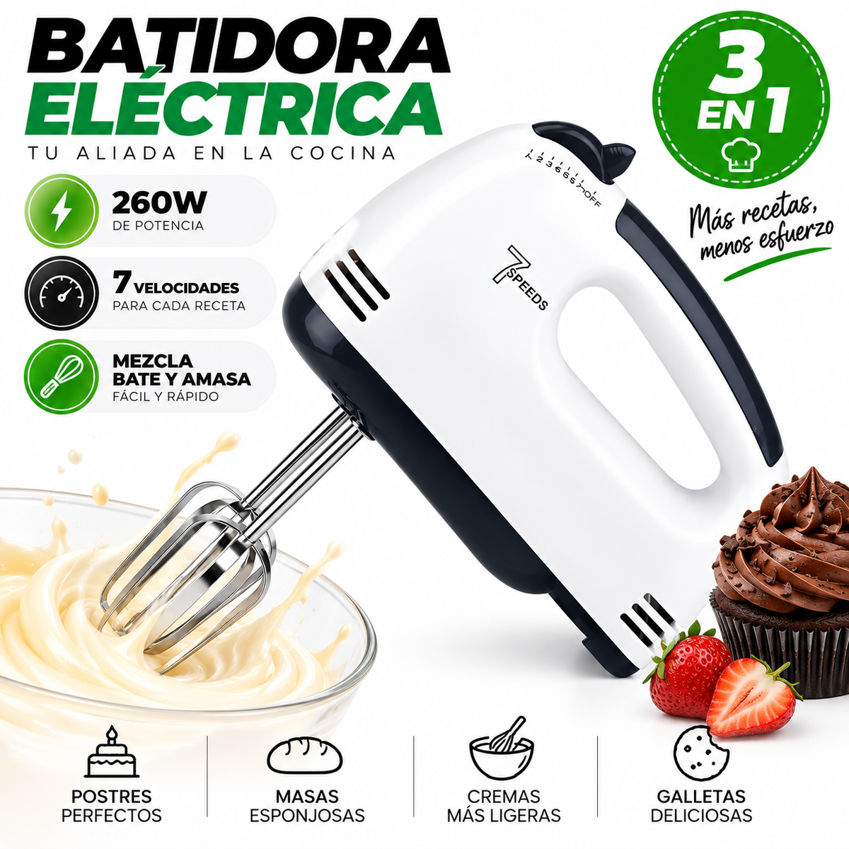 Batidora Eléctrica 7 Velocidades 260W 3 en 1 para Cocina - Latyce
