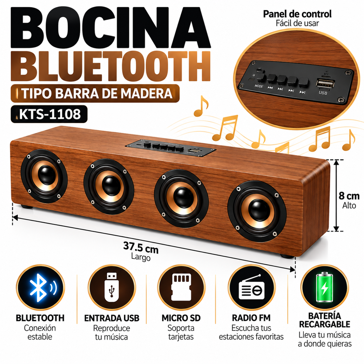 Bocina Bluetooth KTS-1108 Barra Tipo Madera |  - Latyce