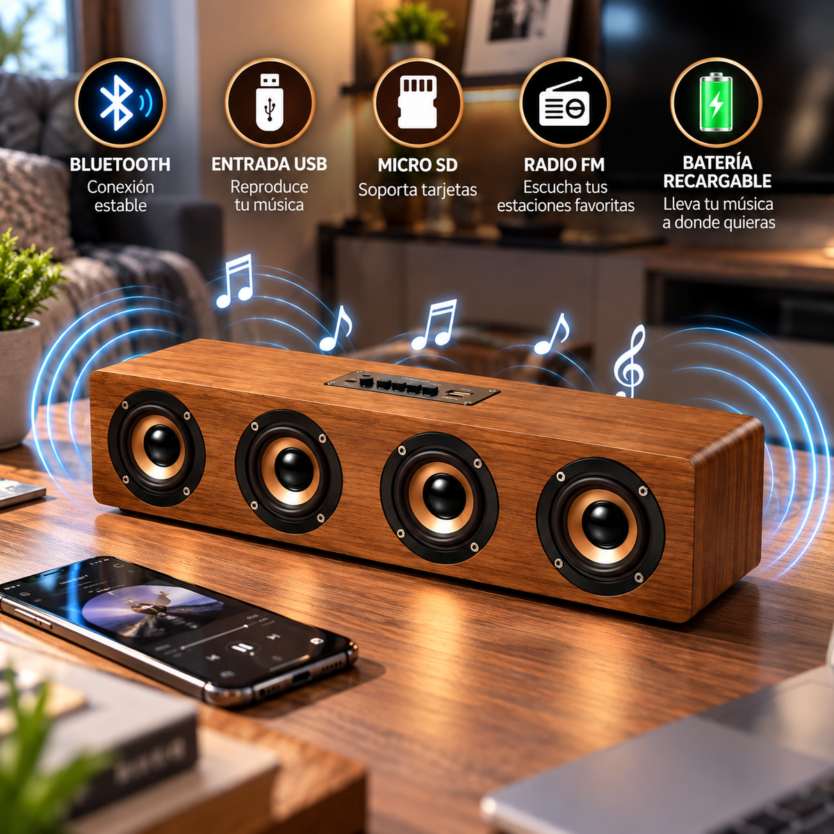 Bocina Bluetooth KTS-1108 Barra Tipo Madera |  - Latyce