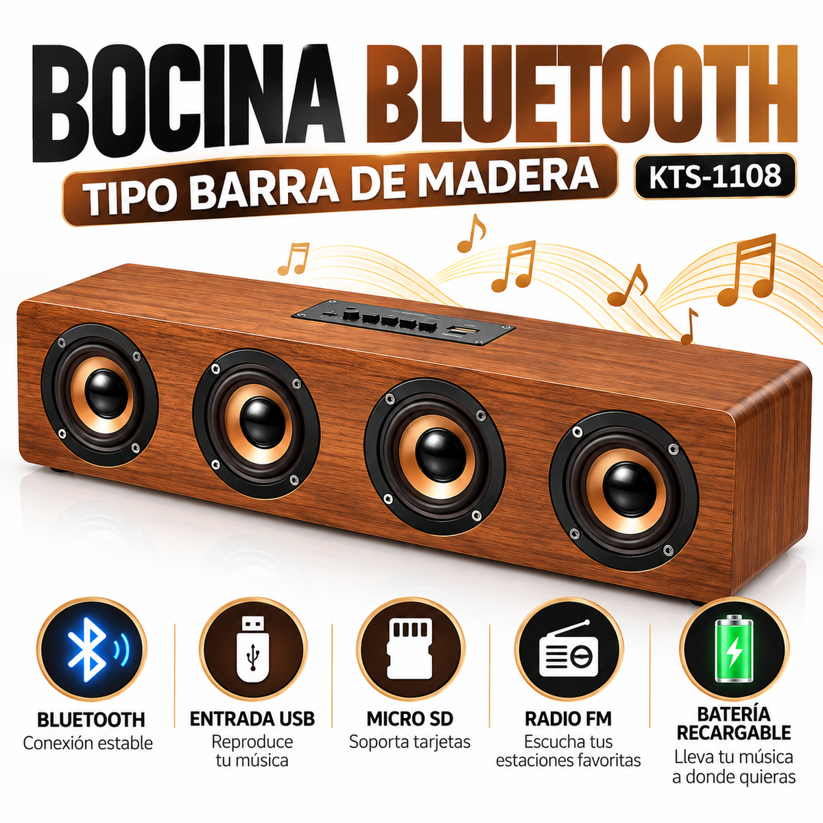 Bocina Bluetooth KTS-1108 Barra Tipo Madera |  - Latyce