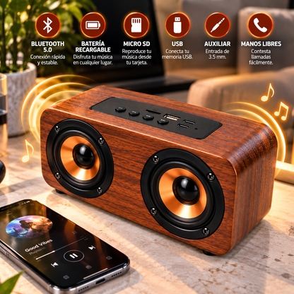 Bocina Bluetooth KTS-1612 Portátil | Diseño Madera | USB, Micro SD y AUX - Latyce