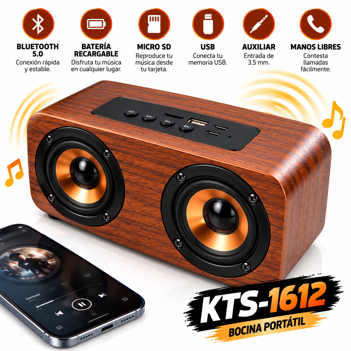Bocina Bluetooth KTS-1612 Portátil | Diseño Madera | USB, Micro SD y AUX - Latyce