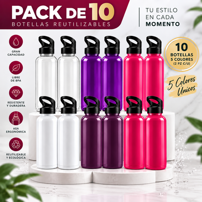 Pack de 10 Botellas Deportivas 5 Colores Capacidad de 1 Litro con Asa - Latyce