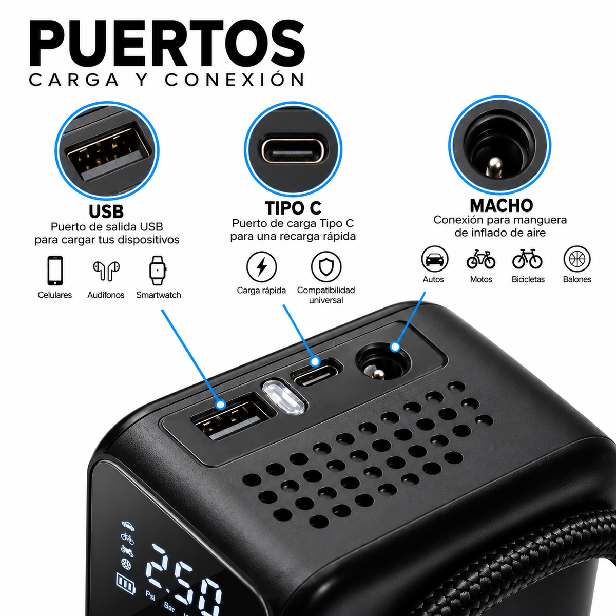 Compresor de Aire Portátil Recargable con Pantalla Digital LED para Llantas de Auto, Moto y Bicicleta