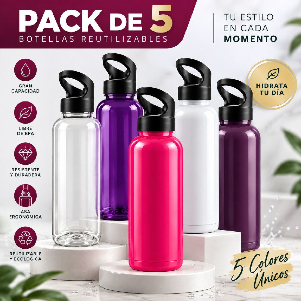 Pack 5 Botellas Deportivas de 1 Litro con Tapa y Asa – Colores Surtidos